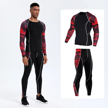 Мъжки професионален спортен костюм за фитнес: бързосъхнеща тениска с дълги ръкави и суперэластичные компресия панталони за бягане, тренировка