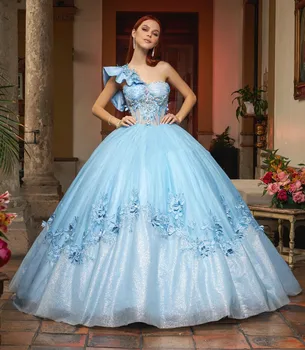 Небето-синьо буйни рокля Топка рокля с фатиновыми апликации с едно рамо, расшитое мъниста, Мексико сладостта на 16 рокли 15 Anos