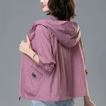 Негабаритная яке с качулка и дълъг ръкав, Дамски hoody, слънцезащитно Корейското модно палто, Тънки блузи, ежедневни свободна яке, Новост