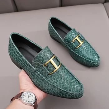 Нови Елегантни Мъжки модел обувки На висок ток, Трендови Зелени Ежедневни Кожени Лоферы С остри пръсти, За Мъже, Мода за Мъже Официалната обувки без закопчалка