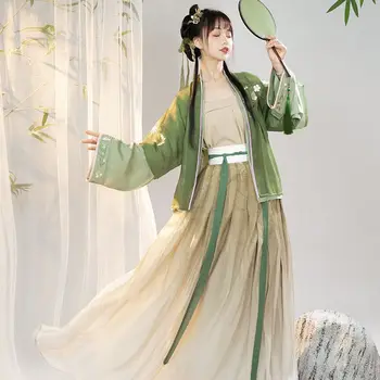Оригинално Зелена рокля Hanfu с цветна бродерия 2023 г., 3 бр. за жени, костюми за древното китайско абитуриентски представяне.