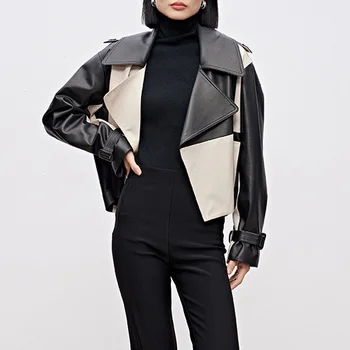 Палто от естествена кожа, есен/зима, нов уличен мотоциклет стил, напълно кожено черно-бяла лента в шахматна дъска модел, Овчина2023