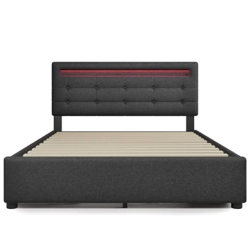 Рамка на легло Queen Size, осеян рамка на легло-платформа с 4 чекмеджета за съхранение, led подсветка и регулируем таблата, без пружинен блок