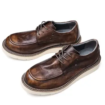 Реколта мъжки обувки от естествена кожа, модни обувки, луксозни дизайнерски мъжки дишащи обувки на платформа, Zapatos De Hombre