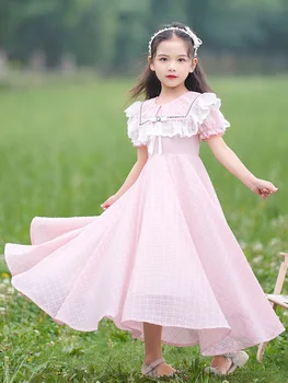 Розова рокля трапецовидна форма за момичета, Лятна детски дрехи, модерно детско принцеса рокля с къс ръкав