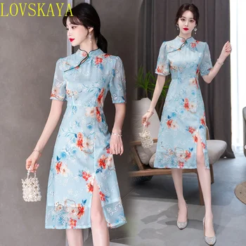 Рокля в китайски стил с къси ръкави, лятно женствена рокля в клетката в ретро стил, големи размери на M-4XL, модерна тенденция