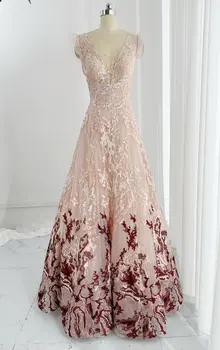 Светло розово сексуално предварително рокля без ръкави с дълбоко V-образно деколте, Тънка рокля трапецовидна форма, Дълга вечерна рокля, пола M2187