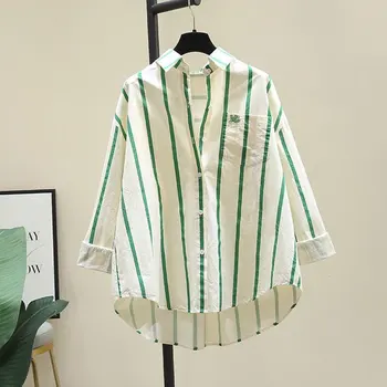 Свободна риза в Корея ивица, Пролет-есен, Нова однобортная Дамски дрехи за пътуване до работа, Модерна блуза с деколте-къси ръкави и бродирани букви