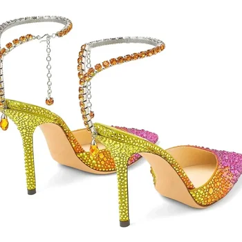 Своеобразна верига от страз 34-41 Дамски сандали за лятото на партита, сватбени обувки на висок ток 7 см / 10 см, марка дамски обувки с отворени пръсти