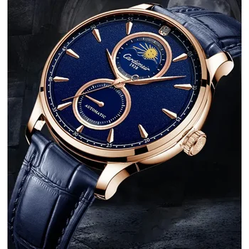 Сини мъжки часовници, напълно автоматични и механични часовници, бизнес часовници, водоустойчиви Модерни Спортни мъжки часовници, синя каишка от телешка кожа Relojes