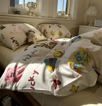 Сладък cartoony мечката заек куче комплект постелки тийнейджър, близнак пълна кралицата на поп прекрасен памук домашен текстил чаршаф калъфка пухени