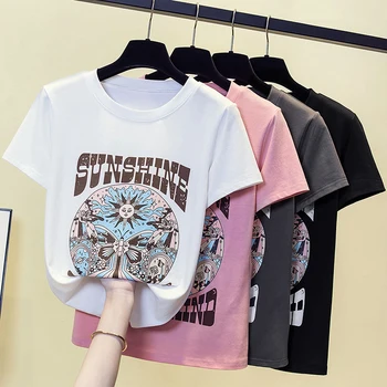 Тениска Дамска Лятна тениска с къс ръкав, реколта дрехи с принтом, графична тениска, фигура от пера, Дрехи за птици, модерен жена топ