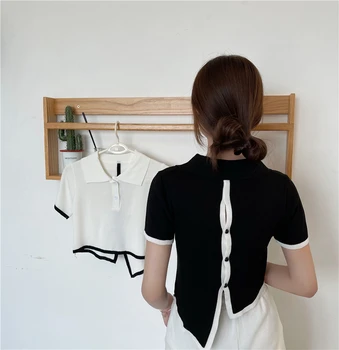 Трикотажни блузи Harajuku, Дамски Ежедневни Лоскутная тениска с къс ръкав, Корейски отворени однобортные блузи, Дамски 2023