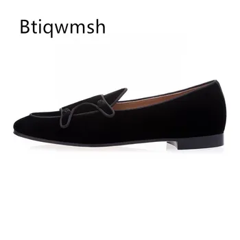 Черни луксозни кадифени мъжки обувки на плоска подметка с остри пръсти и двоен възел, мъжки модни вечерни Обувки